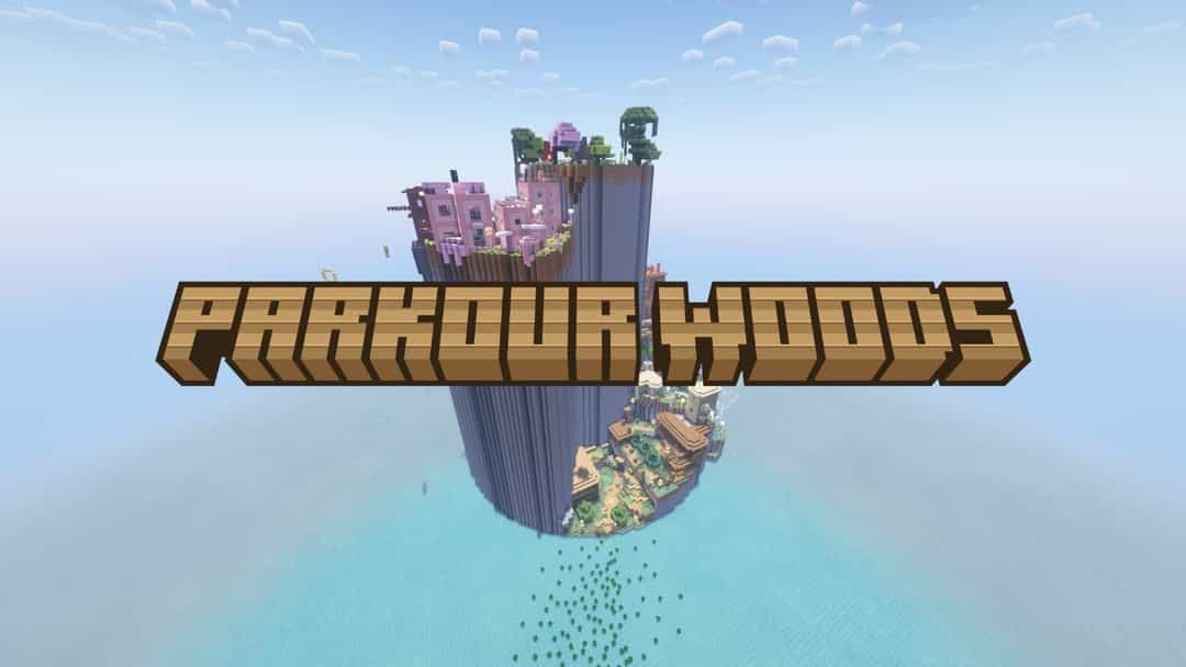 The logo for Parkour Woods, a Minecraft map for 1.20.1 by Teddyishappyl on MCCreations