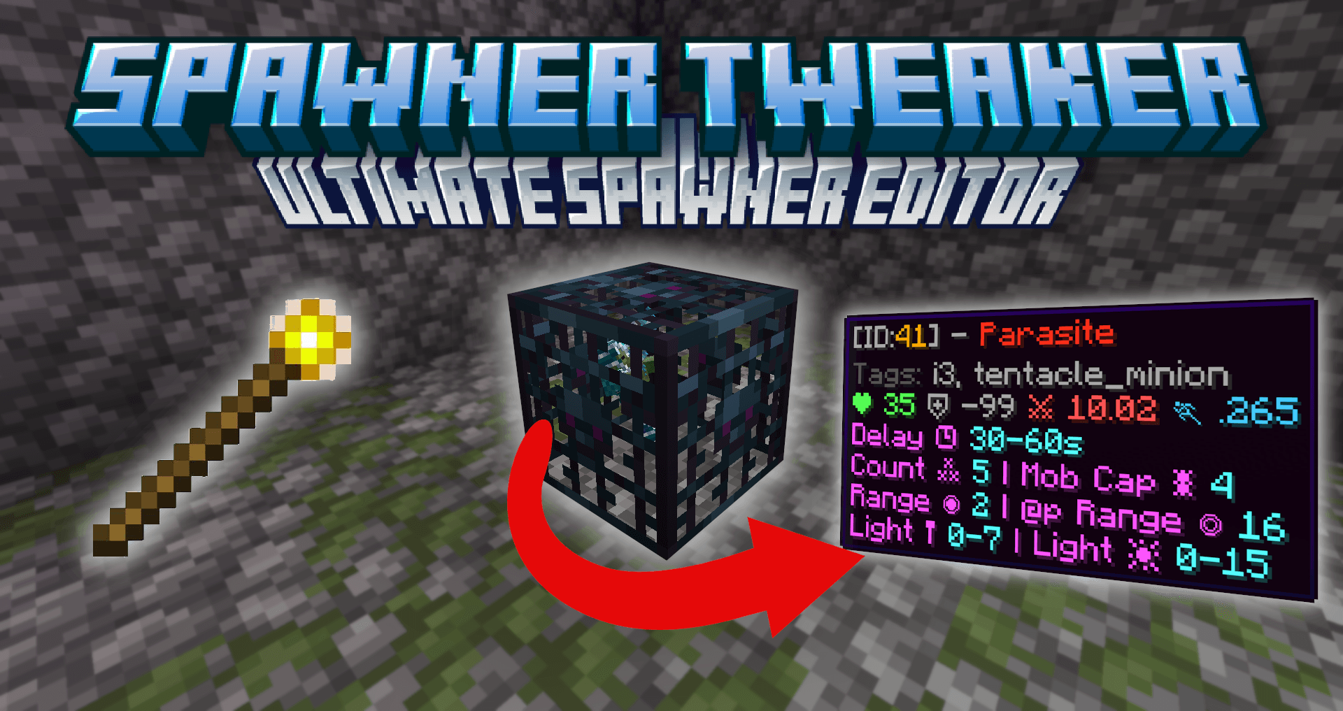 The logo for Spawner Tweaker, a Minecraft datapack for 1.20.2, 1.20.3, 1.20.4, 1.20.5, 1.21.1, 1.21.2, 1.21.3, 1.21.4, 1.21.5, 1.21.6, 1.21.7, 1.21.8, 1.21.9, 1.21.10 by link2012 on MCCreations
